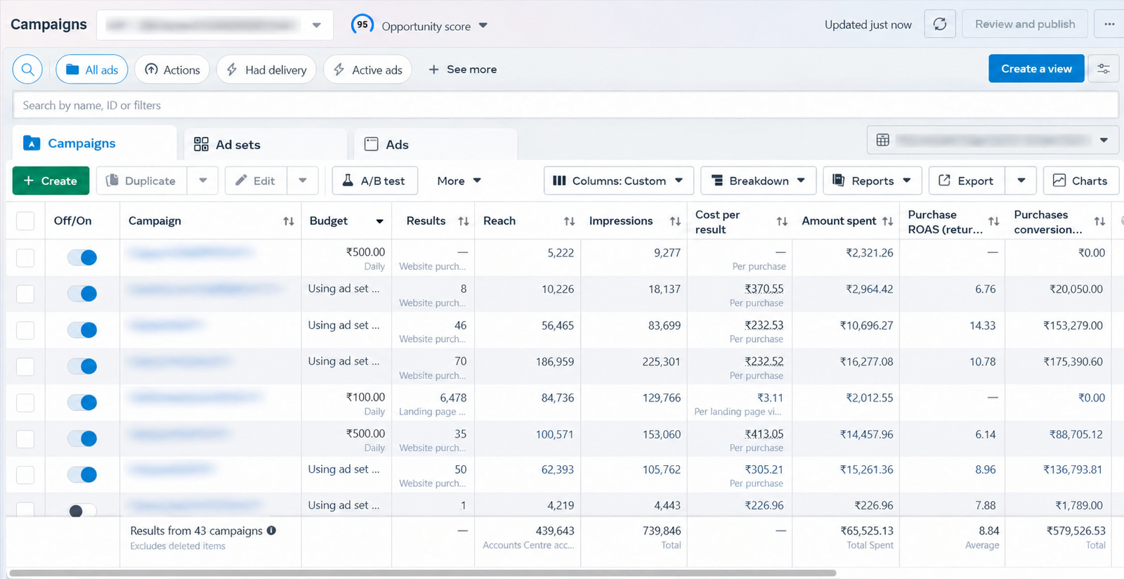Meta Ads campaign results showing campaign performance metrics